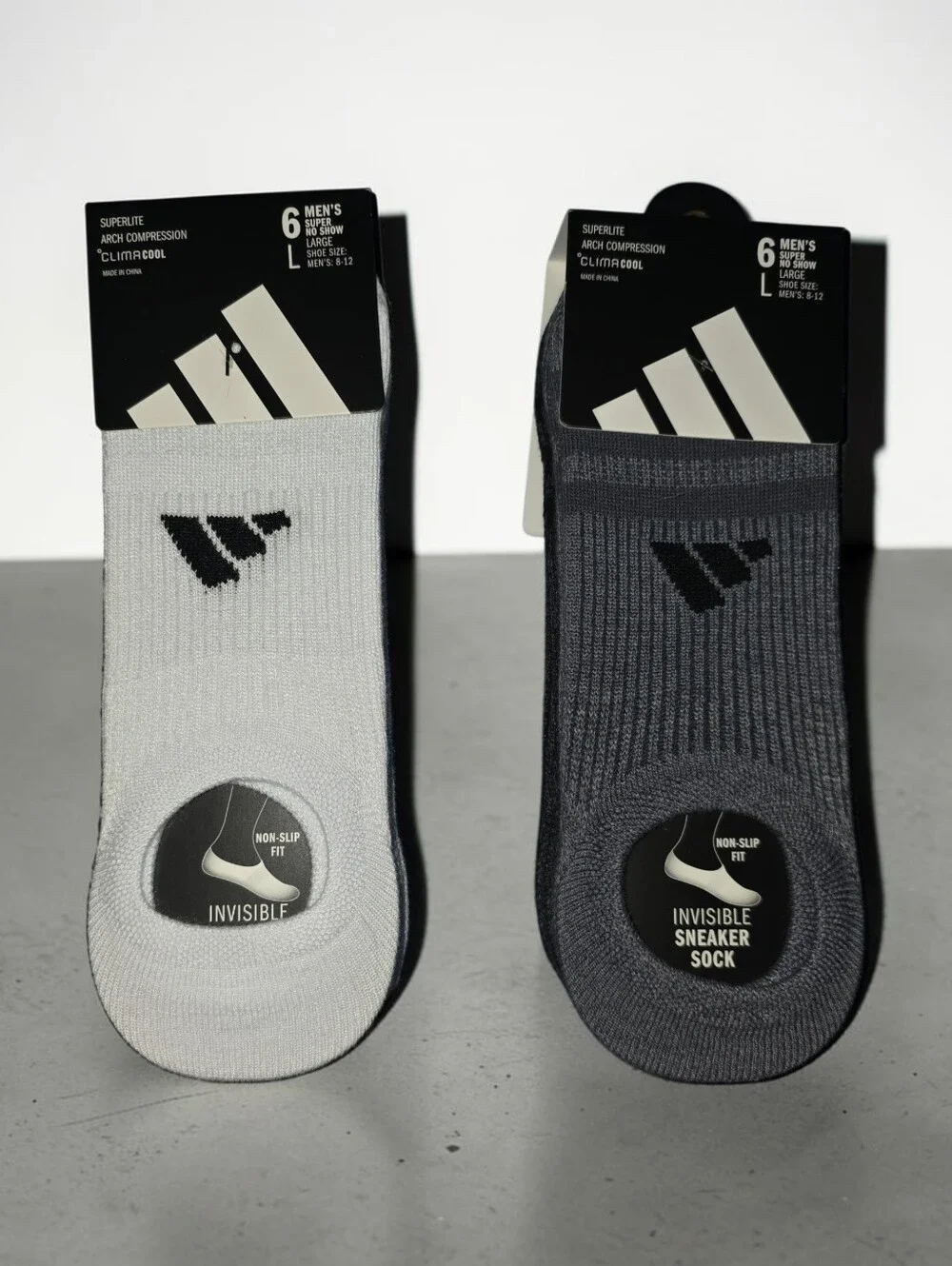 adidas Men's Invisible Sneaker Socks - White Or Dark Grayand Black (6 Pack)